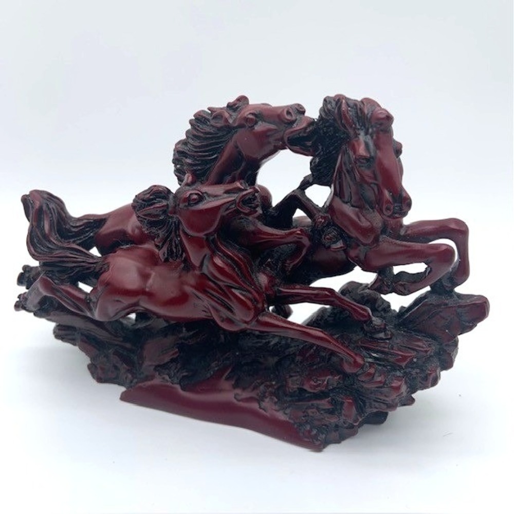 Vintage Chinese 3 Galloping Horses Red Resin Figurine Feng Shui Cinnabar Style